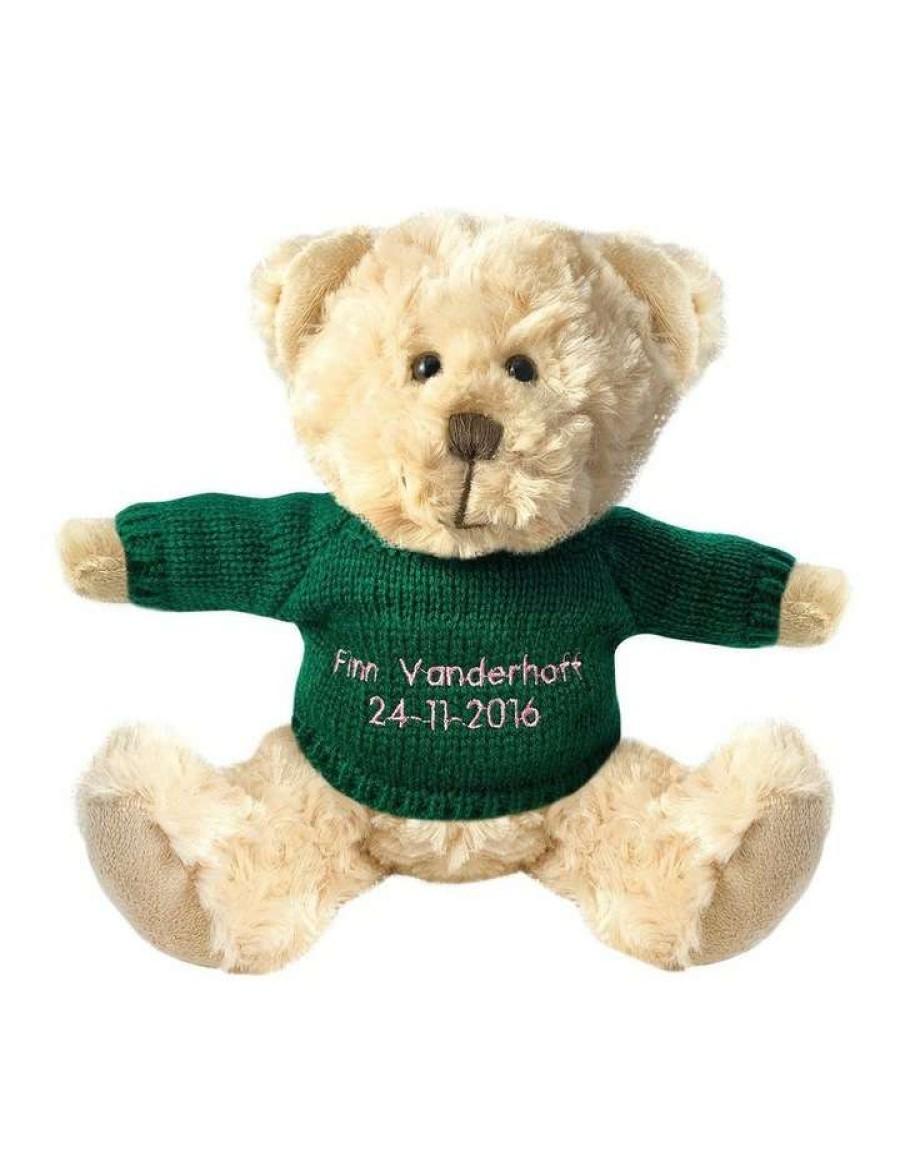 Soft & Plush Toys * | Teddy And Friends Personalised Beige Bear With Dark Green Knitted Jumper Beige/Green