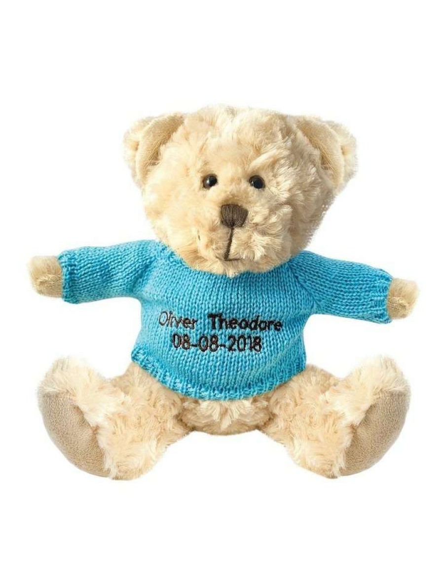 Soft & Plush Toys * | Teddy And Friends Personalised Beige Bear With Light Blue Knitted Jumper Beige/Blue