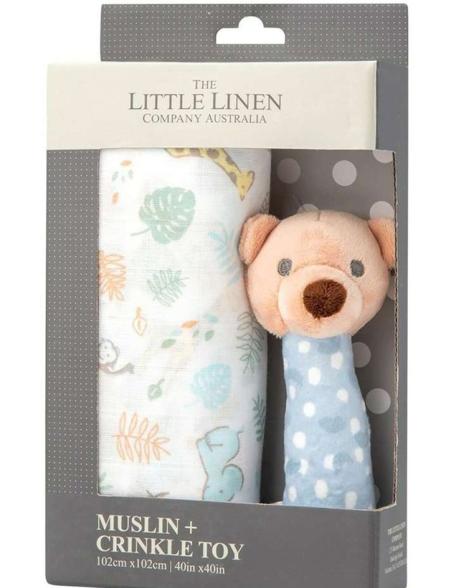 Soft & Plush Toys * | The Little Linen Company Muslin Wrap & Crinkle Toy Safari Bear Blue